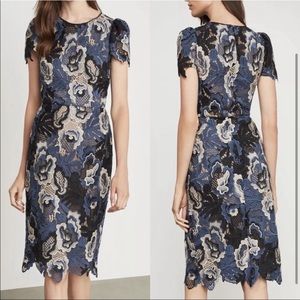 BCBGMAXAZRIA Navy Black Lace Floral Midi Sheath Cream Dress XS 0 EUC
